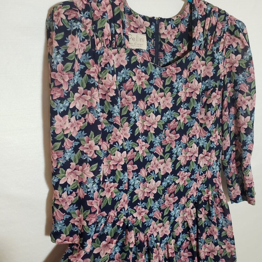 Vintage Navy Floral Midi Dress with Pink Blossoms - Picture 4 of 7